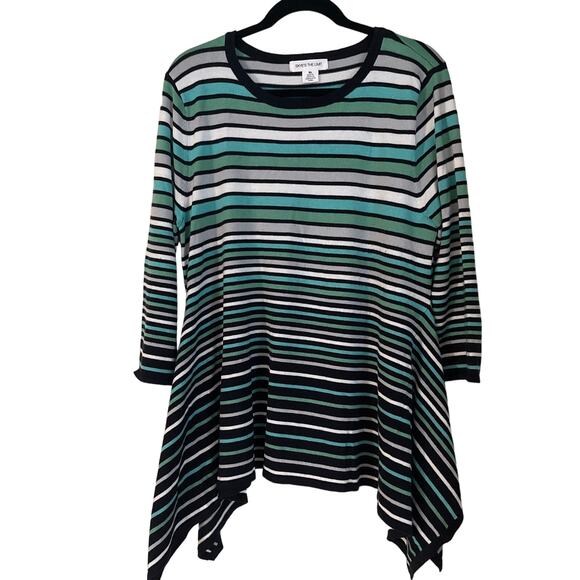 Skye's the Limit Sweaters - Skye's The Limit Hi-Low Hem Stripe Sweater - Aqua/Black/Cream - Sz XL